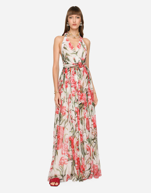 LONG CARNATION-PRINT CHIFFON DRESS