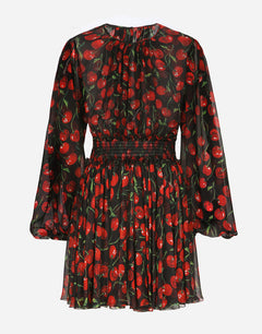 SHORT CHERRY-PRINT CHIFFON DRESS