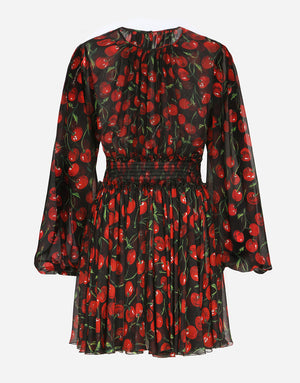 SHORT CHERRY-PRINT CHIFFON DRESS