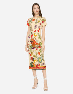 VEGETABLE-PRINT CHARMEUSE MIDI DRESS