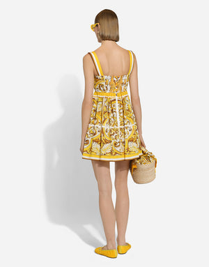 SHORT DRESS WITH CORSET BODICE IN MAJOLICA-PRINT COTTON POPLIN