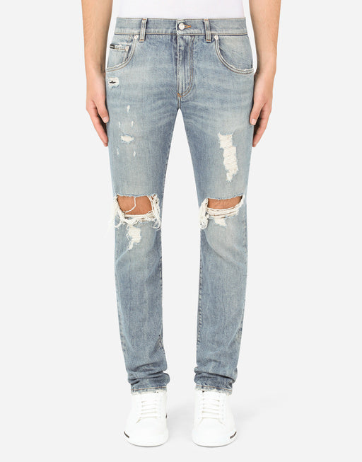 BLUE WASH SKINNY STRETCH JEANS WITH RIPS