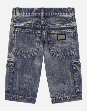 BLUE BLEACHED DENIM CARGO SHORTS