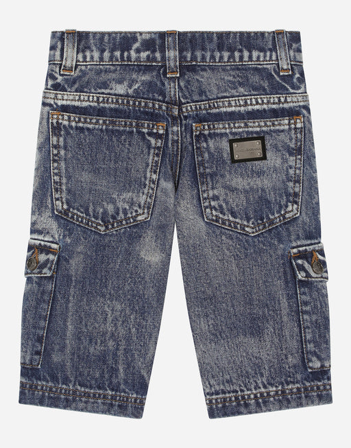 BLUE BLEACHED DENIM CARGO SHORTS