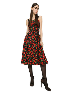 CHERRY-PRINT CHARMEUSE CALF-LENGTH DRESS
