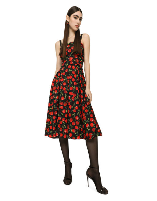 CHERRY-PRINT CHARMEUSE CALF-LENGTH DRESS