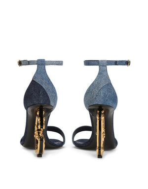 PATCHWORK DENIM SANDALS WITH BAROQUE DG HEEL