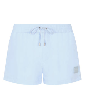 SHORT SWIM TRUNKS WITH BRANDED PLATE