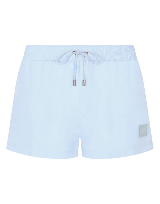 SHORT SWIM TRUNKS WITH BRANDED PLATE