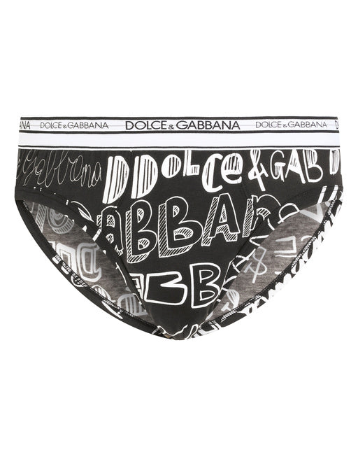 TWO-WAY STRETCH COTTON MID-RISE BRIEFS WITH LOGO PRINT