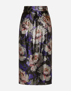 SEQUINED MIDI SKIRT WITH PEONY PRINT