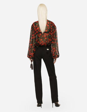 CHERRY-PRINT CHIFFON PUSSY-BOW BLOUSE