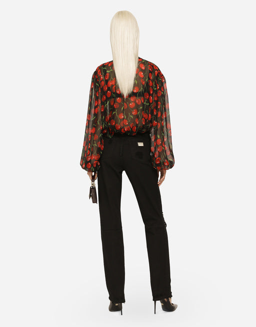 CHERRY-PRINT CHIFFON PUSSY-BOW BLOUSE
