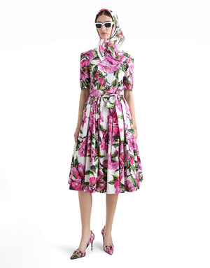 COTTON CALF-LENGTH SHIRT DRESS WITH PEONY PRINT