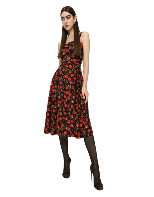 CHERRY-PRINT CHARMEUSE CALF-LENGTH DRESS