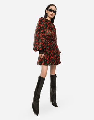 SHORT CHERRY-PRINT CHIFFON DRESS