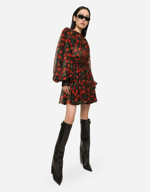SHORT CHERRY-PRINT CHIFFON DRESS