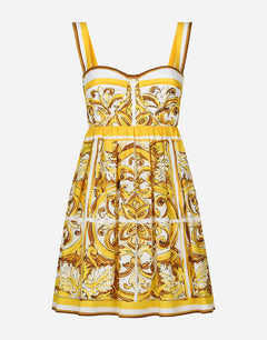 SHORT DRESS WITH CORSET BODICE IN MAJOLICA-PRINT COTTON POPLIN