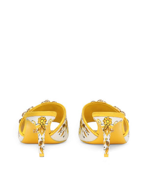 MAJOLICA-PRINT BROCADE MULES WITH EMBROIDERY