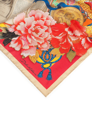 TWILL SILK FOULARD WITH SILK ROAD PRINT: 90 X 90CM- 35 X 35 INCHES