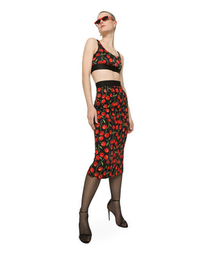 HIGH-WAISTED CHARMEUSE CALF-LENGTH SKIRT WITH CHERRY PRINT
