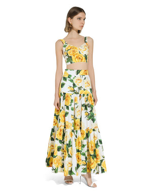 LONG RUFFLED SKIRT IN YELLOW ROSE-PRINT COTTON