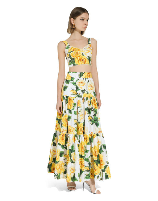 LONG RUFFLED SKIRT IN YELLOW ROSE-PRINT COTTON