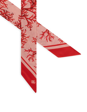 CORAL-PRINT SILK SCARF WITH PINK BACKGROUND