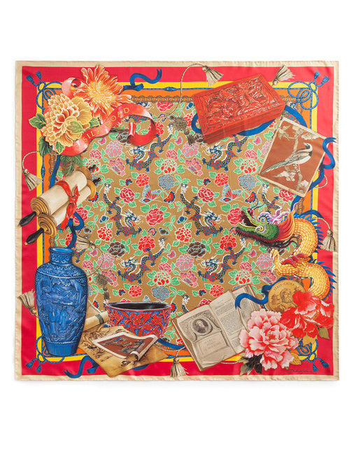 TWILL SILK FOULARD WITH SILK ROAD PRINT: 90 X 90CM- 35 X 35 INCHES