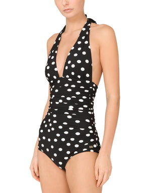 POLKA-DOT PRINT ONE-PIECE SWIMSUIT WITH PLUNGING NECKLINE