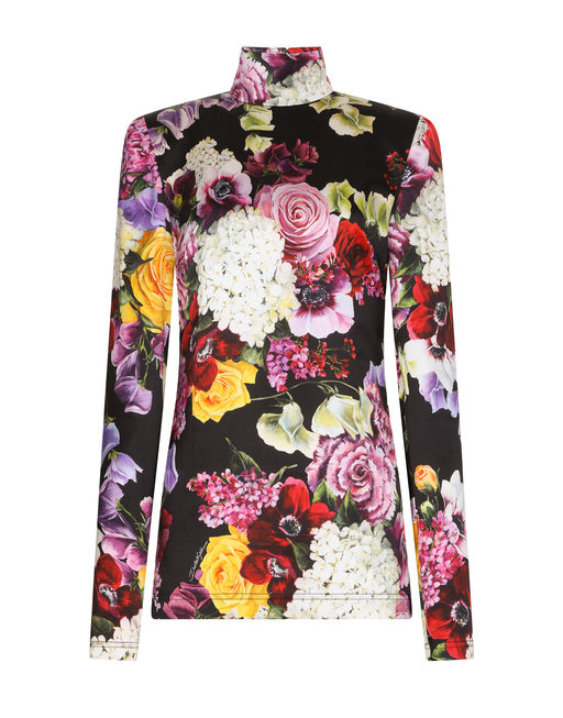 SATIN TURTLENECK TOP WITH HYDRANGEA AND FLORAL PRINT