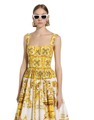 MIDI CORSET DRESS IN COTTON POPLIN WITH MAJOLICA PRINT