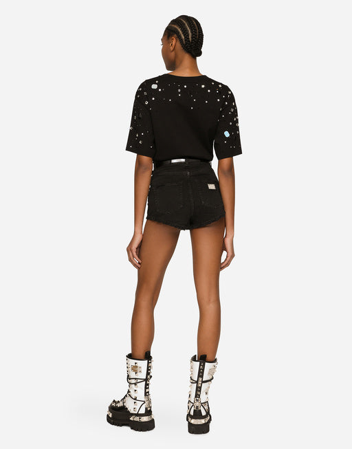 JERSEY T-SHIRT WITH DG LOGO PRINT WITH RHINESTONES