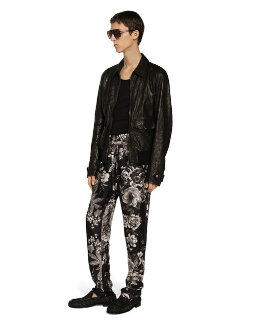 SILK TWILL JOGGING PANTS WITH FLORAL PRINT