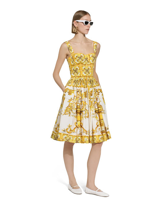 MIDI CORSET DRESS IN COTTON POPLIN WITH MAJOLICA PRINT