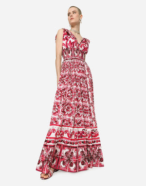 LONG MAJOLICA-PRINT POPLIN DRESS