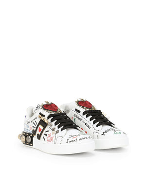PRINTED CALFSKIN NAPPA PORTOFINO SNEAKERS WITH PATCH AND EMBROIDERY