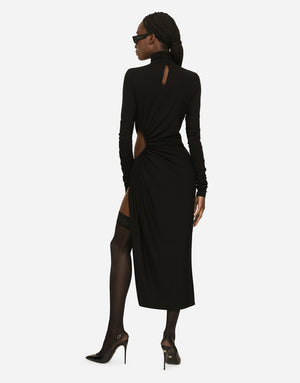 HIGH-NECKED JERSEY CALF-LENGTH DRESS WITH CUT-OUT