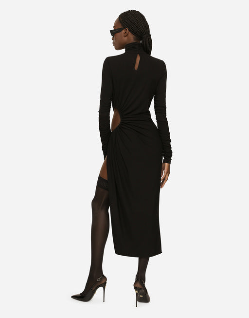 HIGH-NECKED JERSEY CALF-LENGTH DRESS WITH CUT-OUT