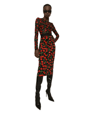 LONG-SLEEVED TULLE TOP WITH CHERRY PRINT AND DRAPING