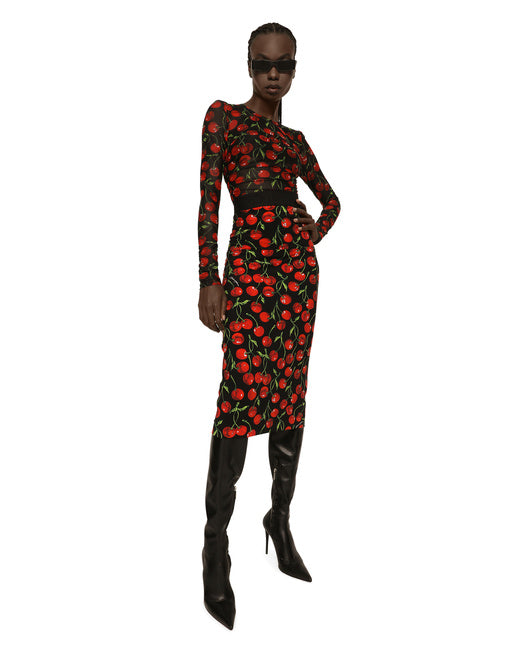 LONG-SLEEVED TULLE TOP WITH CHERRY PRINT AND DRAPING