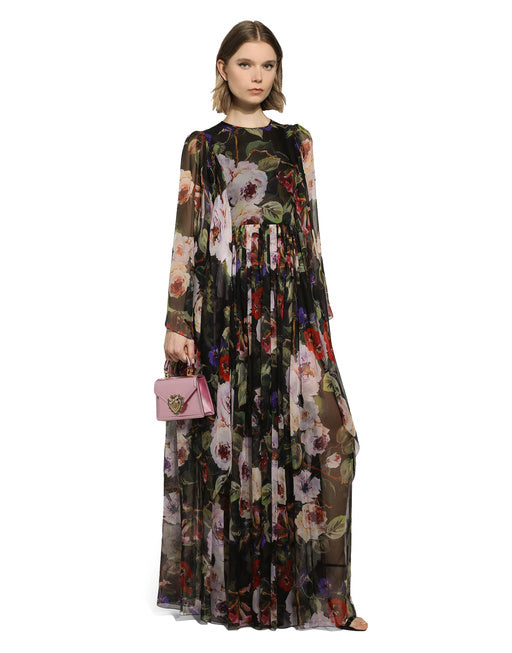 LONG CHIFFON DRESS WITH ROSE GARDEN PRINT