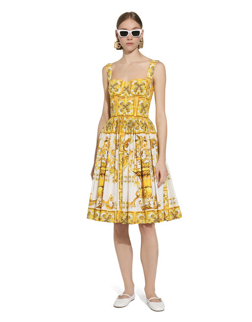 MIDI CORSET DRESS IN COTTON POPLIN WITH MAJOLICA PRINT