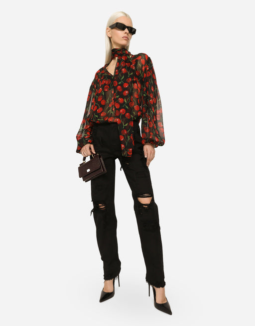 CHERRY-PRINT CHIFFON PUSSY-BOW BLOUSE