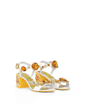 PATENT LEATHER SANDALS WITH STONE EMBELLISHMENT AND PAINTED HEEL