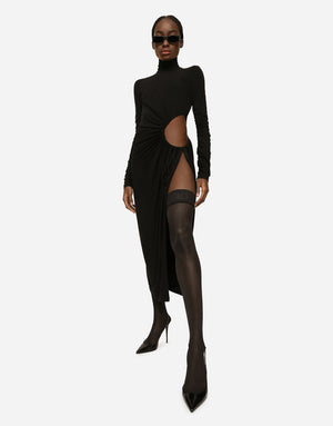 HIGH-NECKED JERSEY CALF-LENGTH DRESS WITH CUT-OUT
