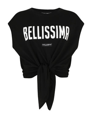 JERSEY TANK TOP WITH “BELLISSIMA” PRINT AND KNOT DETAIL