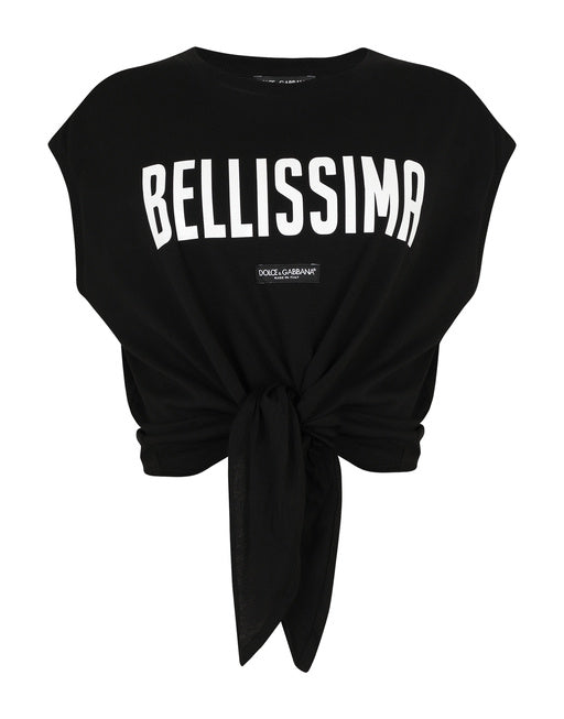 JERSEY TANK TOP WITH “BELLISSIMA” PRINT AND KNOT DETAIL