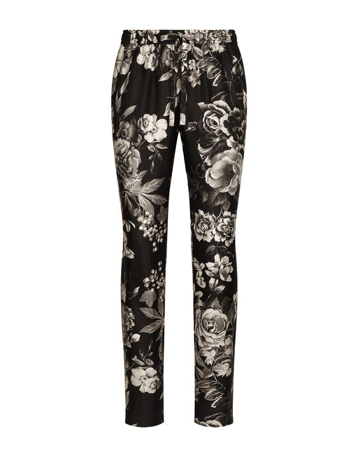 SILK TWILL JOGGING PANTS WITH FLORAL PRINT