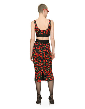 HIGH-WAISTED CHARMEUSE CALF-LENGTH SKIRT WITH CHERRY PRINT